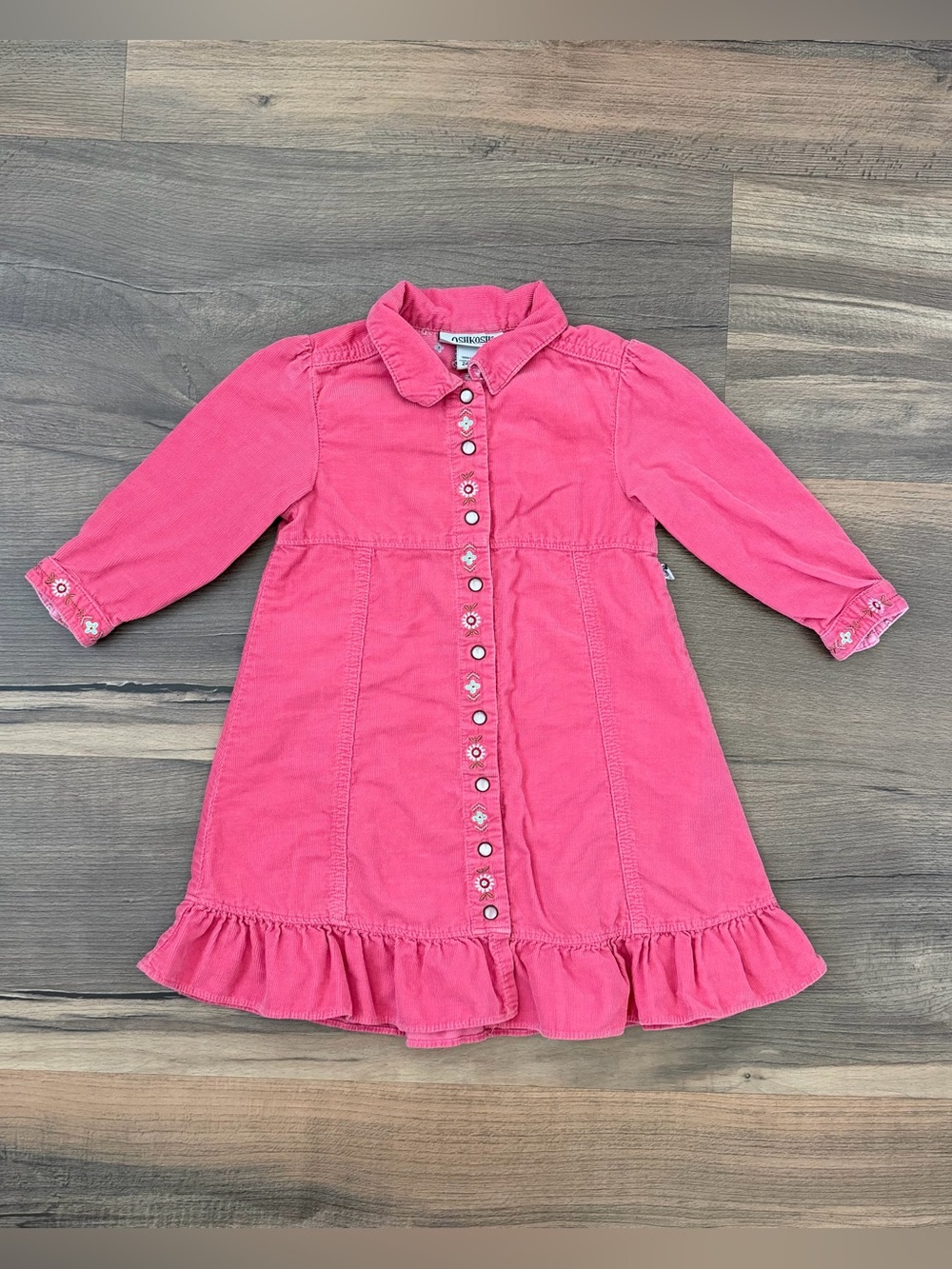 Vintage OshKosh Pink Corduroy Long Sleeve Dress - Pearl Snap Buttons - 24m